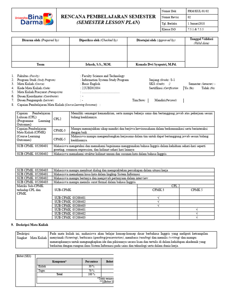 Rps Bahasa Inggris 1 | PDF | English Language | Lecture