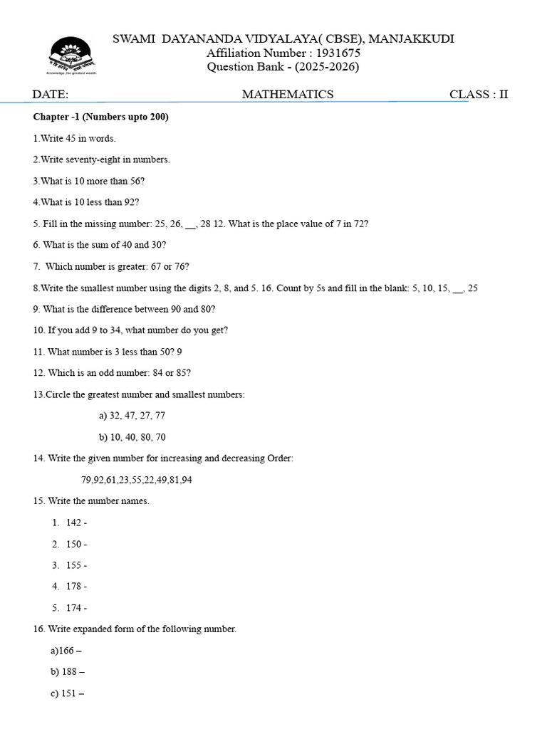 Mathematics Question Bank for Class II | PDF | Multiplication | Numbers