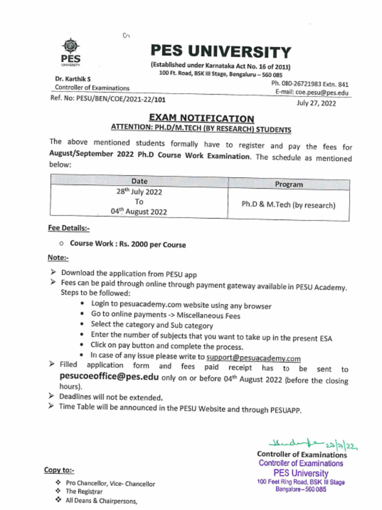 Notification 101 PH.D Course Work ESA Registration | PDF