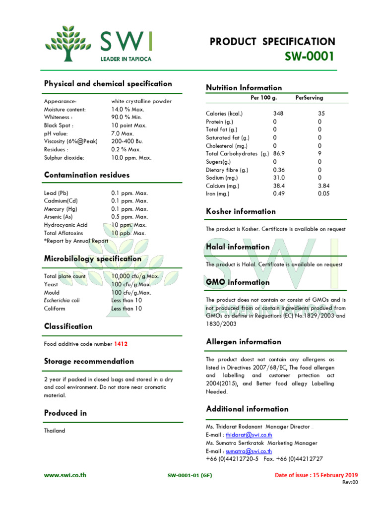 Food Additive SW-0001 Specification | PDF | Fat | Chemical Substances