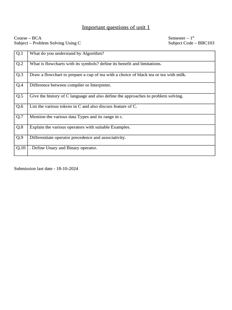 BCA Semester 1: C Programming Questions | PDF