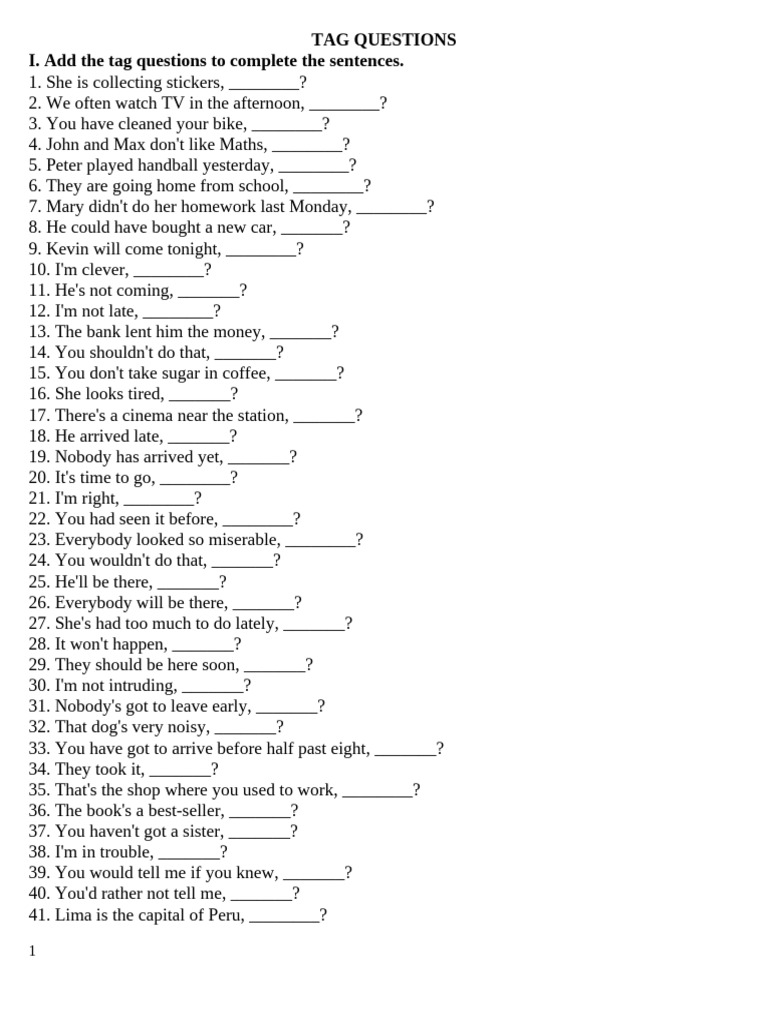 Tag Questions Practice Exercises | PDF
