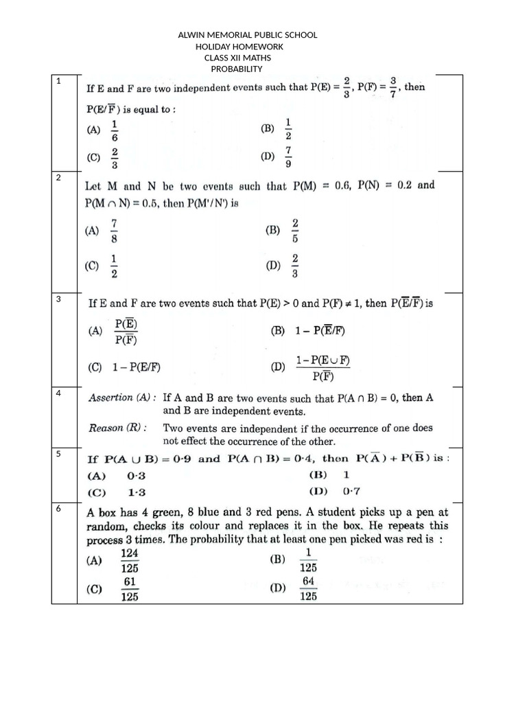 Class XII Maths Probability Homework | PDF