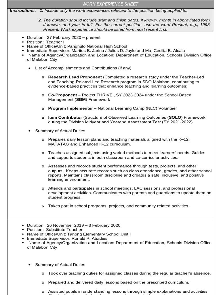 Work Experience Sheet for Teachers | PDF | Teachers | Pedagogy