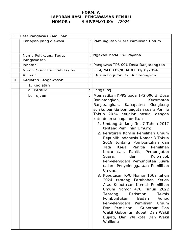Form. A Laporan Hasil Pengawasan Pemilu NOMOR: /LHP/PM.01.00/ /2024 | PDF