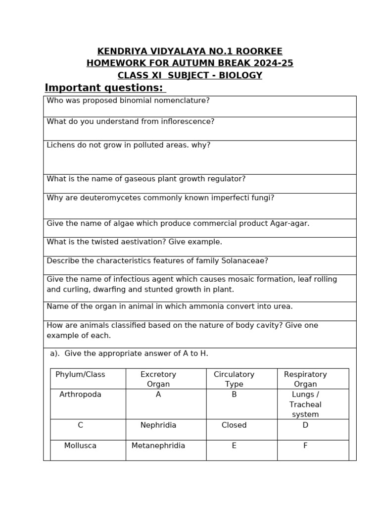 Class XI Biology Homework Autumn 2024-25 | PDF | Cell (Biology ...