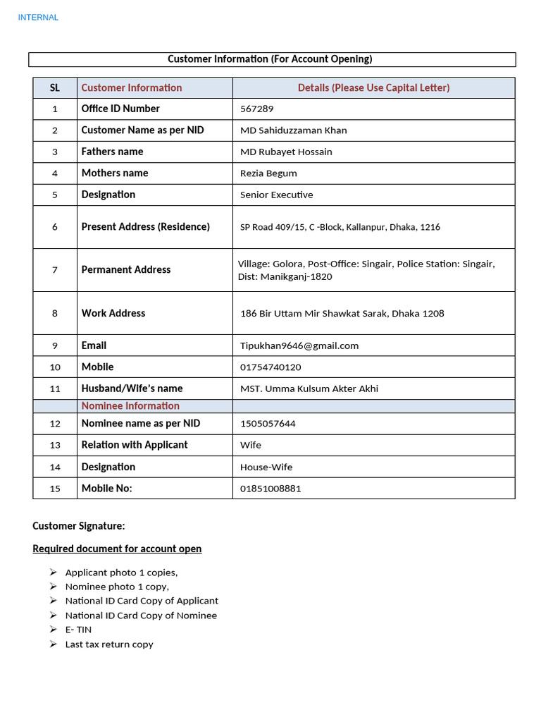 Customer Account Opening Information | PDF