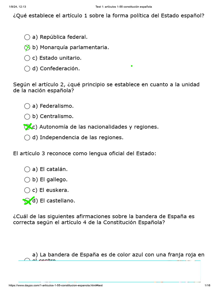 Test 1 - Artículos 1-55 Constitución Española | PDF | Libertad de ...