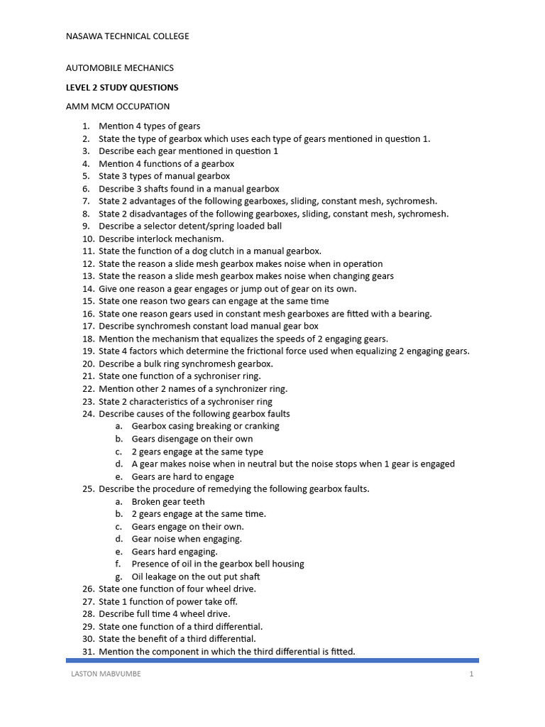 Automobile Mechanics Level 2 Study Guide | PDF | Diesel Engine | Fuel ...
