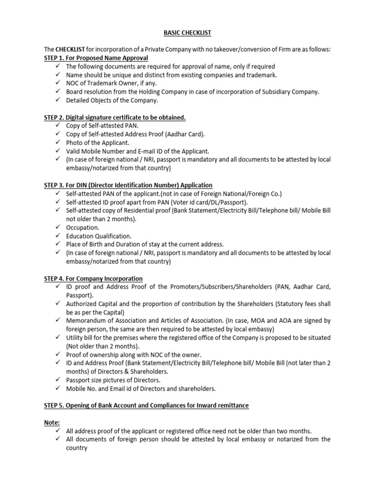 Private Company Incorporation Checklist | PDF | Identity Document ...