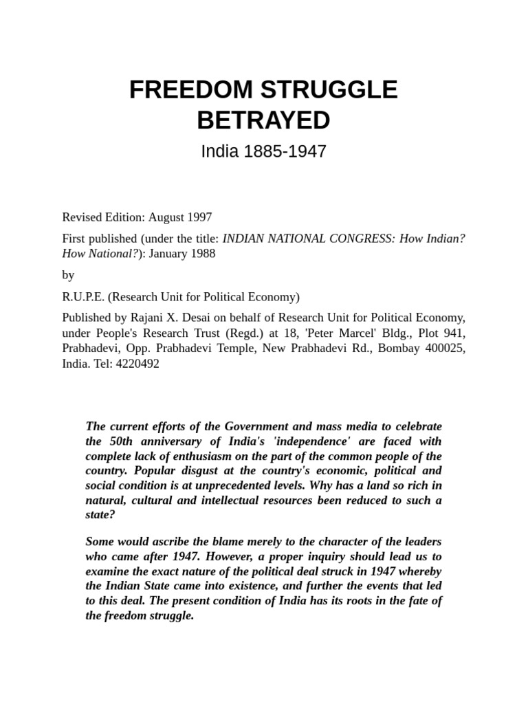 Freedom Struggle Betrayed India 1885 1947 2nbsped | PDF | British Raj ...