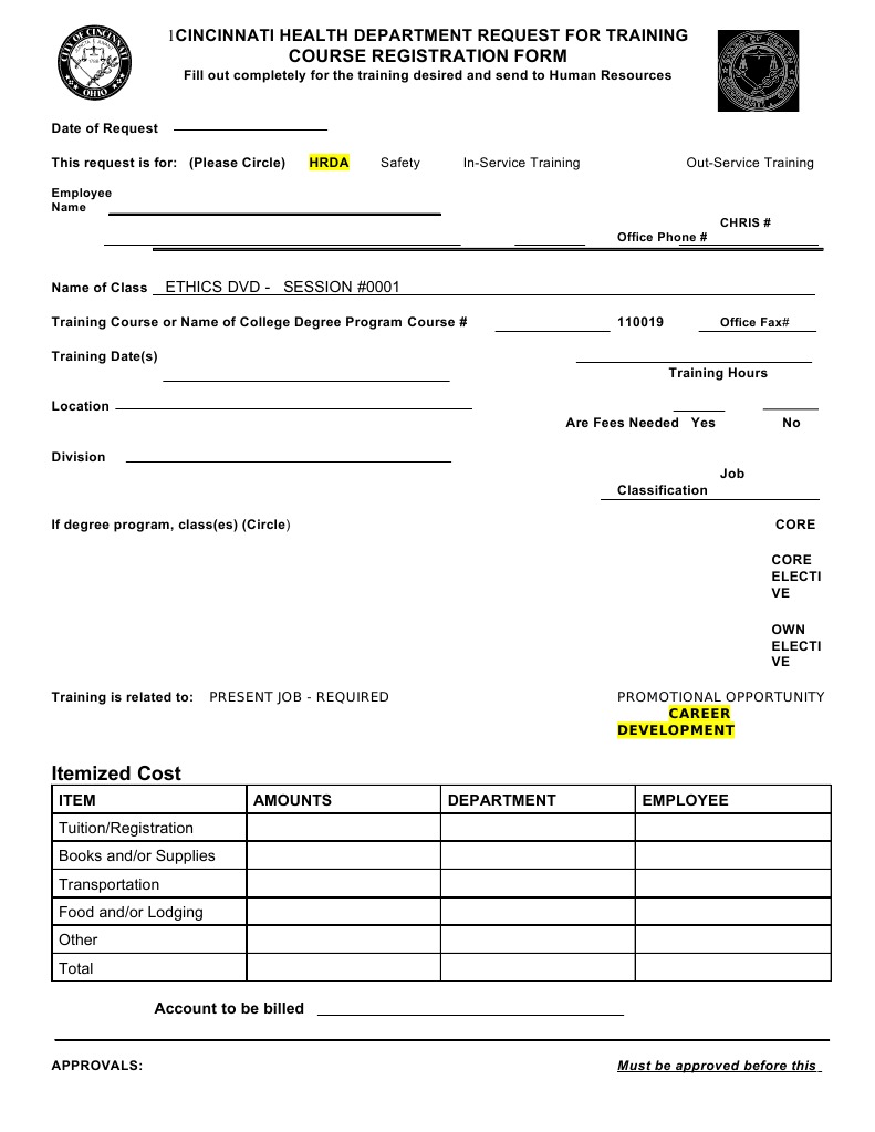 Cincinnati Training Course Registration Form | PDF