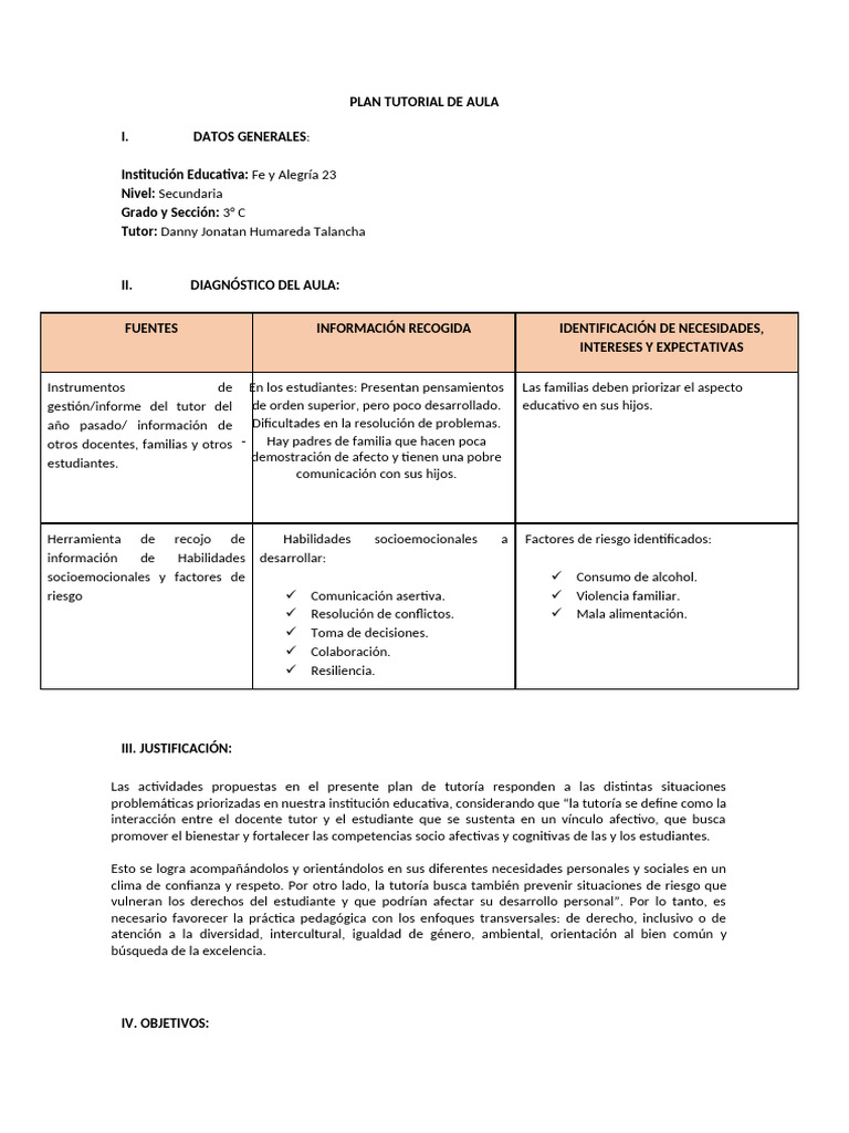 Plan de Tutoría para Secundaria 3° C | PDF | Salón de clases ...