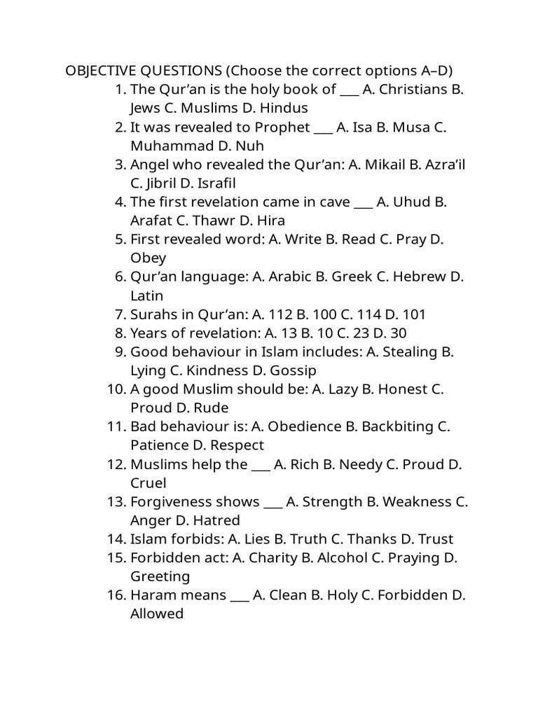 Quiz on Qur'an and Islamic Teachings | PDF