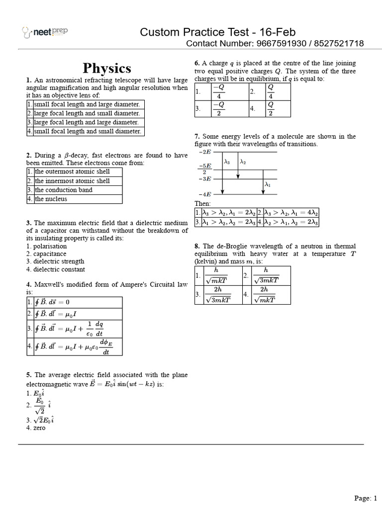 Physics Practice Test Questions | PDF | Dielectric | Electron