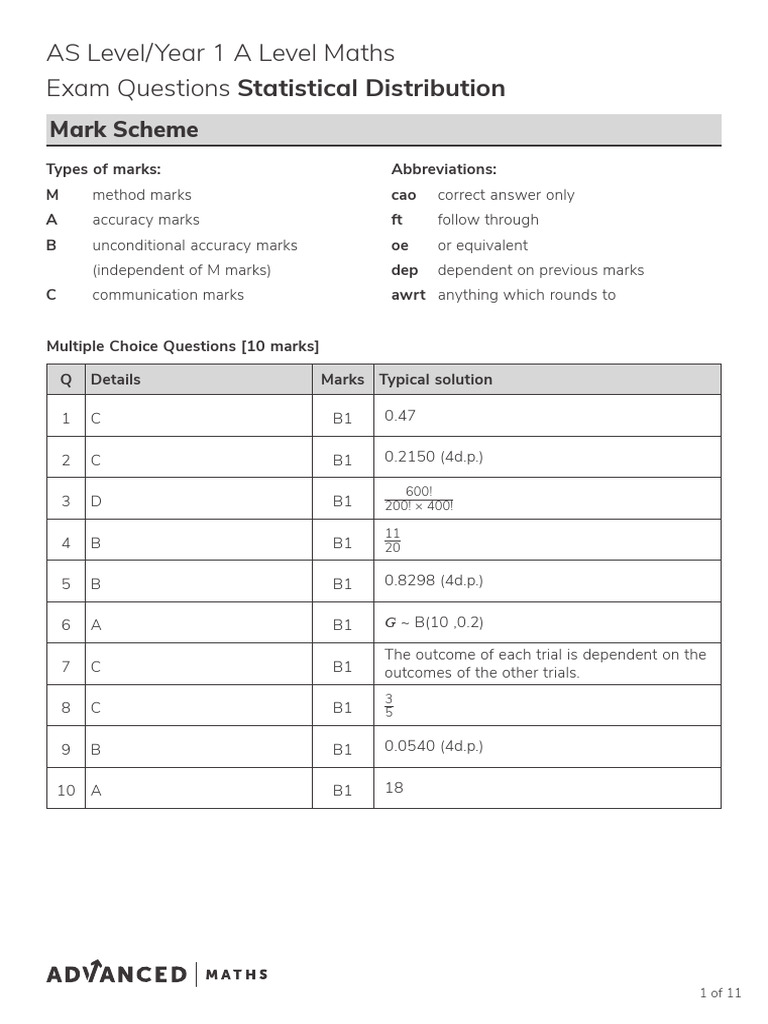 Statistical Distribution Exam Style Mark Scheme | PDF | Probability ...