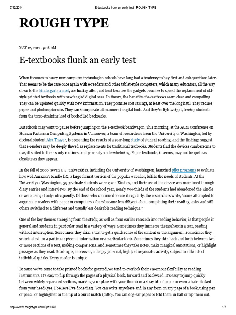 E-Textbooks Flunk An Early Test - ROUGH TYPE | PDF | Books | Amazon Kindle