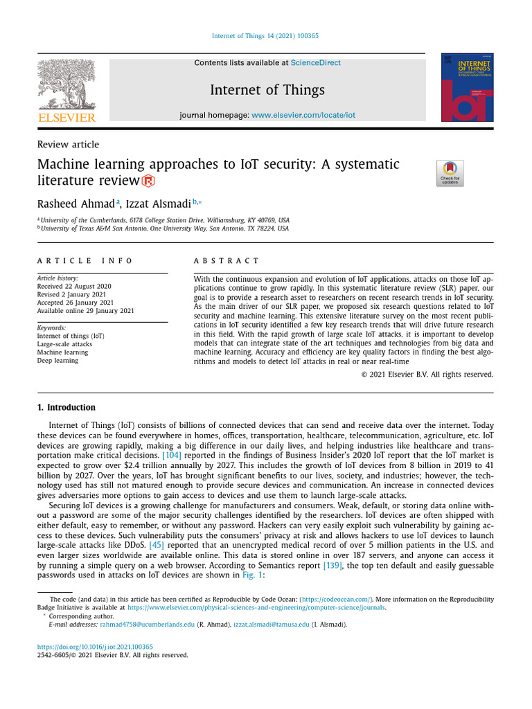 Machine Learning Approaches To IoT Security - A Systematic Literature ...