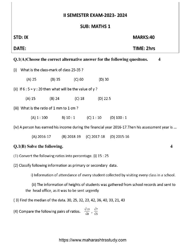 MH Board Class 9 2 Sem Mathematics 1 270625 2024 | PDF