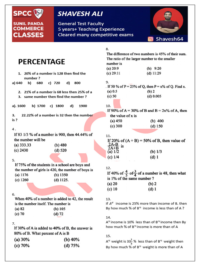 Percentage Problems and Solutions | PDF