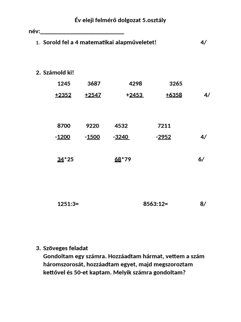 Év Eleji Felmérő Dolgozat 5 | PDF