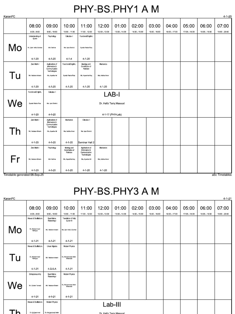 Timetable Physics Mathematics Pdf