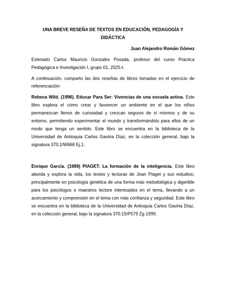 Breve Reseña de Libros en Educación - Juan Alejandro Román Gómez | PDF