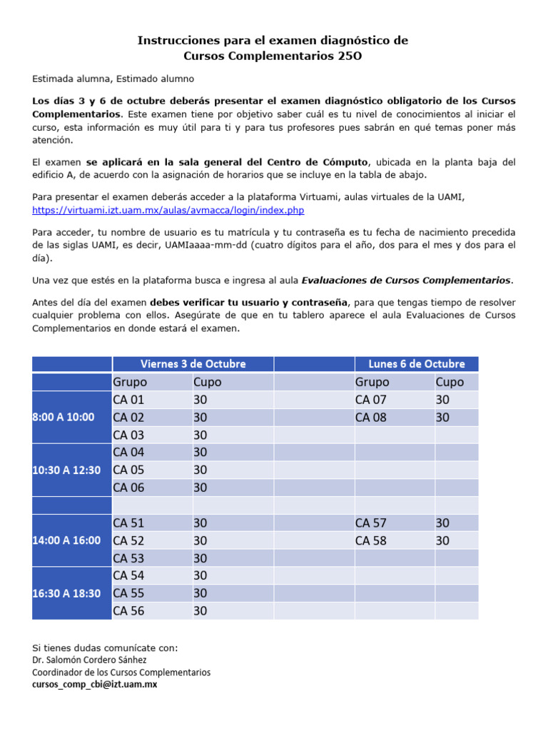 Instrucciones Examen Diagnóstico 25O | PDF