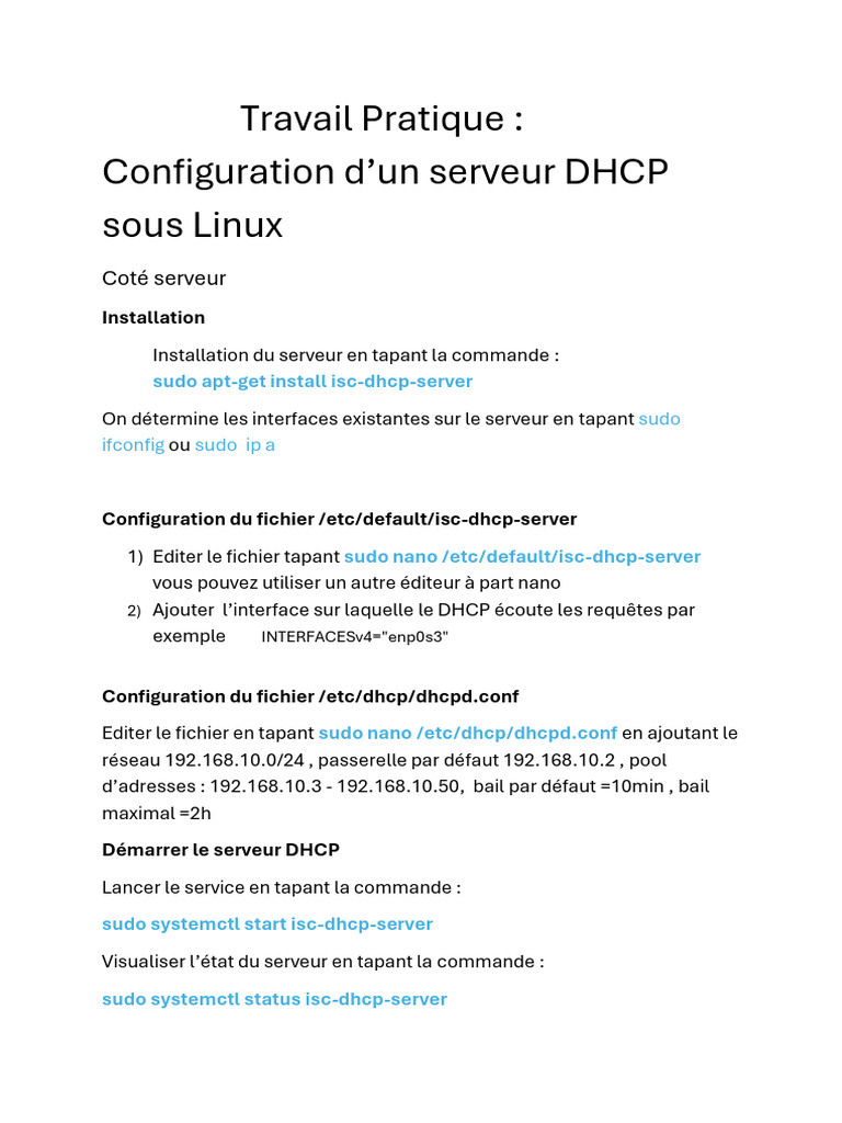 Configuration d'un serveur DHCP sous Linux | PDF
