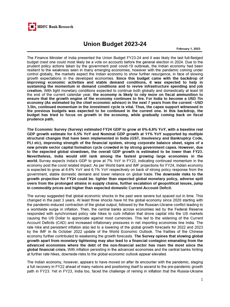 Union Budget 2023-24 Analysis | PDF | Inflation | Capital Gains Tax