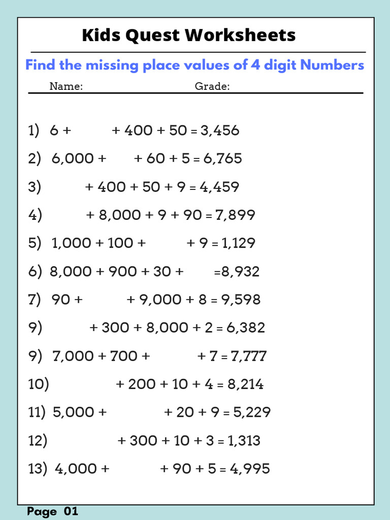 Find The Missing Place Values of 4 Digit Numbers | PDF