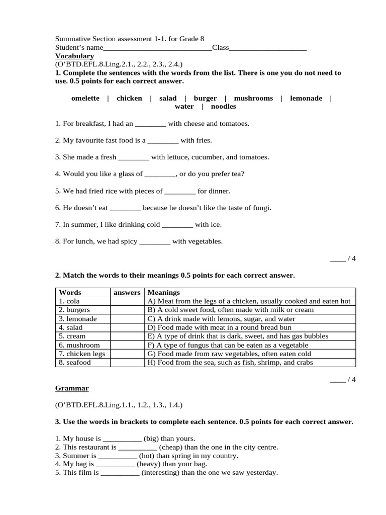 Grade 8 Summative Assessment Guide | PDF | Lunch | Western Cuisine