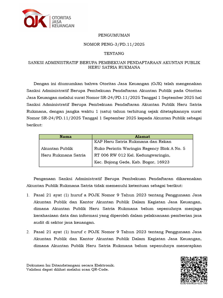 Sanksi Pembekuan KAP Heru Satria Rukmana | PDF