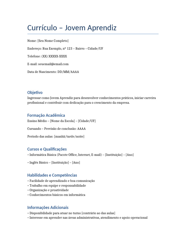 Currículo Jovem Aprendiz: Modelo Completo | PDF