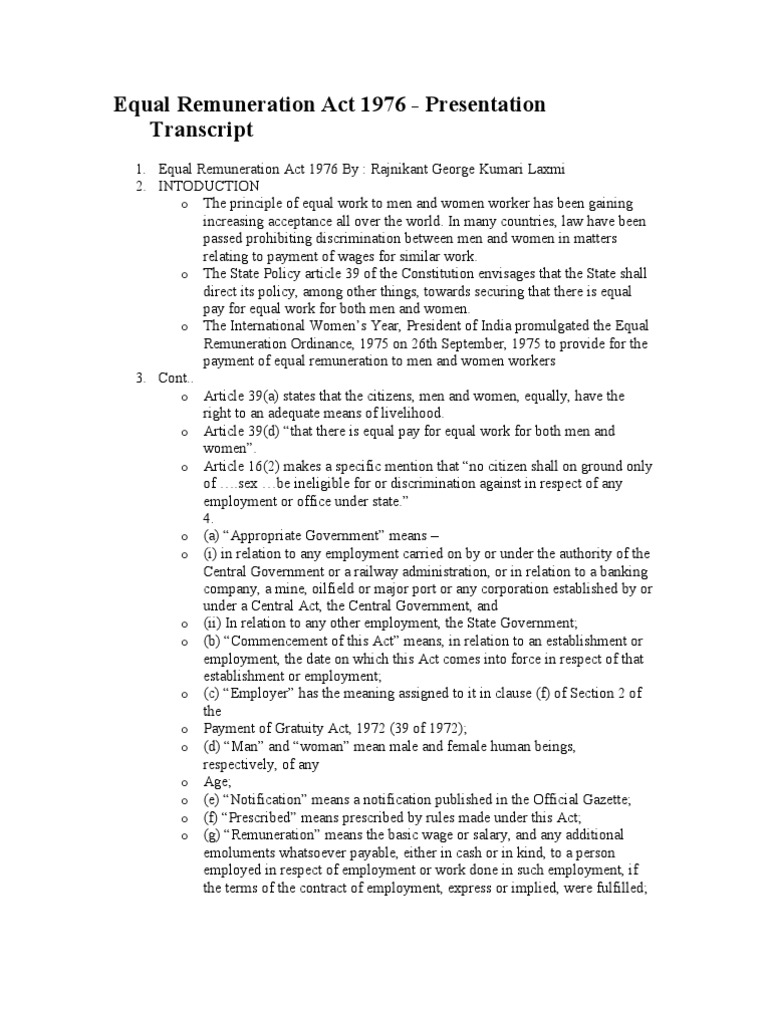 Equal Remuneration Act 1976 | PDF | Equal Pay For Equal Work | Employment