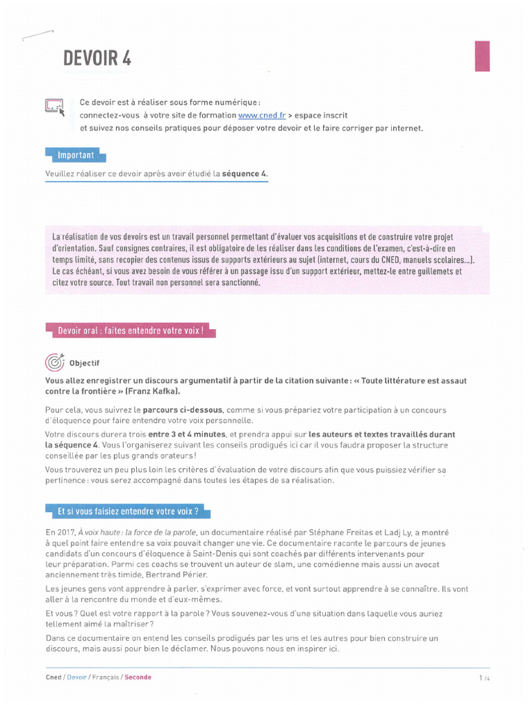 Devoir 4 Francais 2nd Oral | PDF