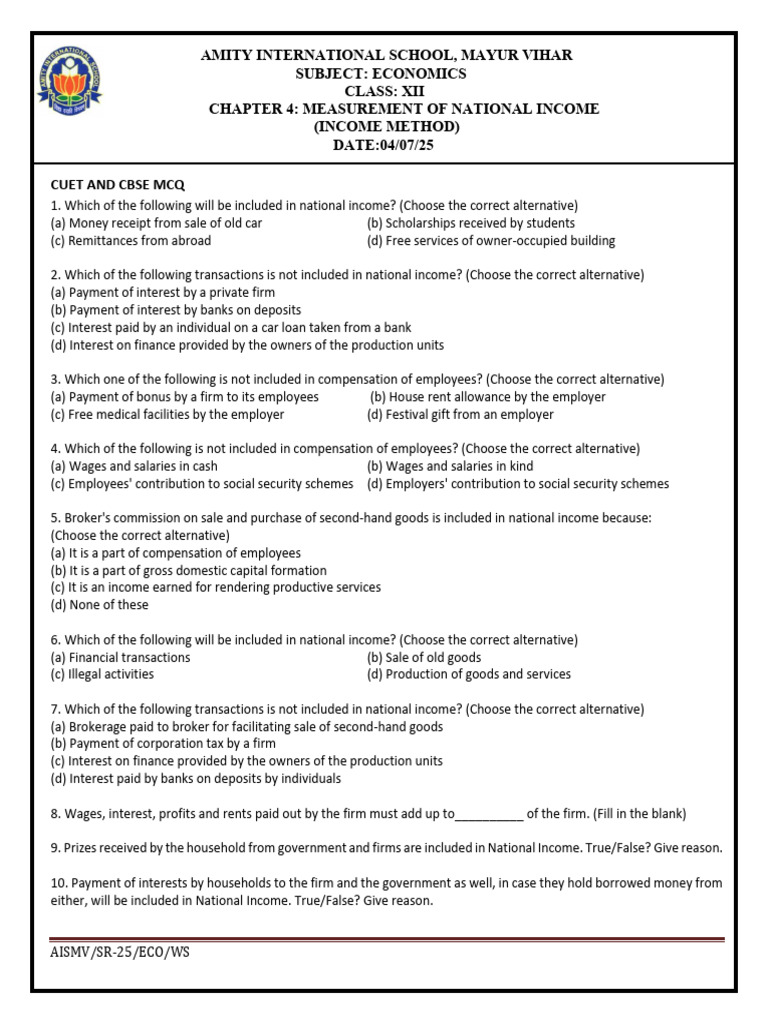 Measurement of National Income-Income Method MCQ | PDF | Employment ...