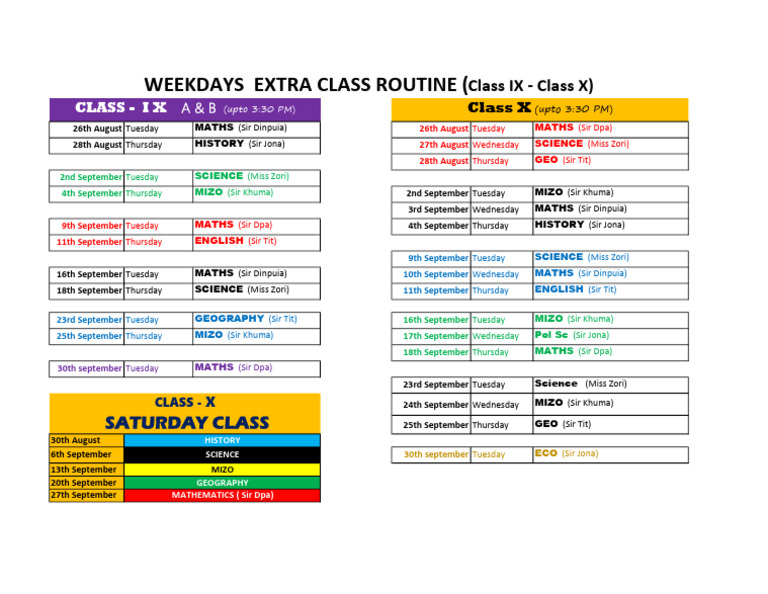 Class IX-X Extra Class Schedule | PDF