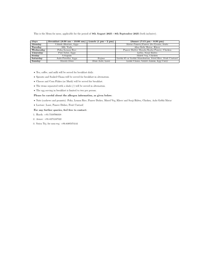 August-September 2025 Mess Menu | PDF