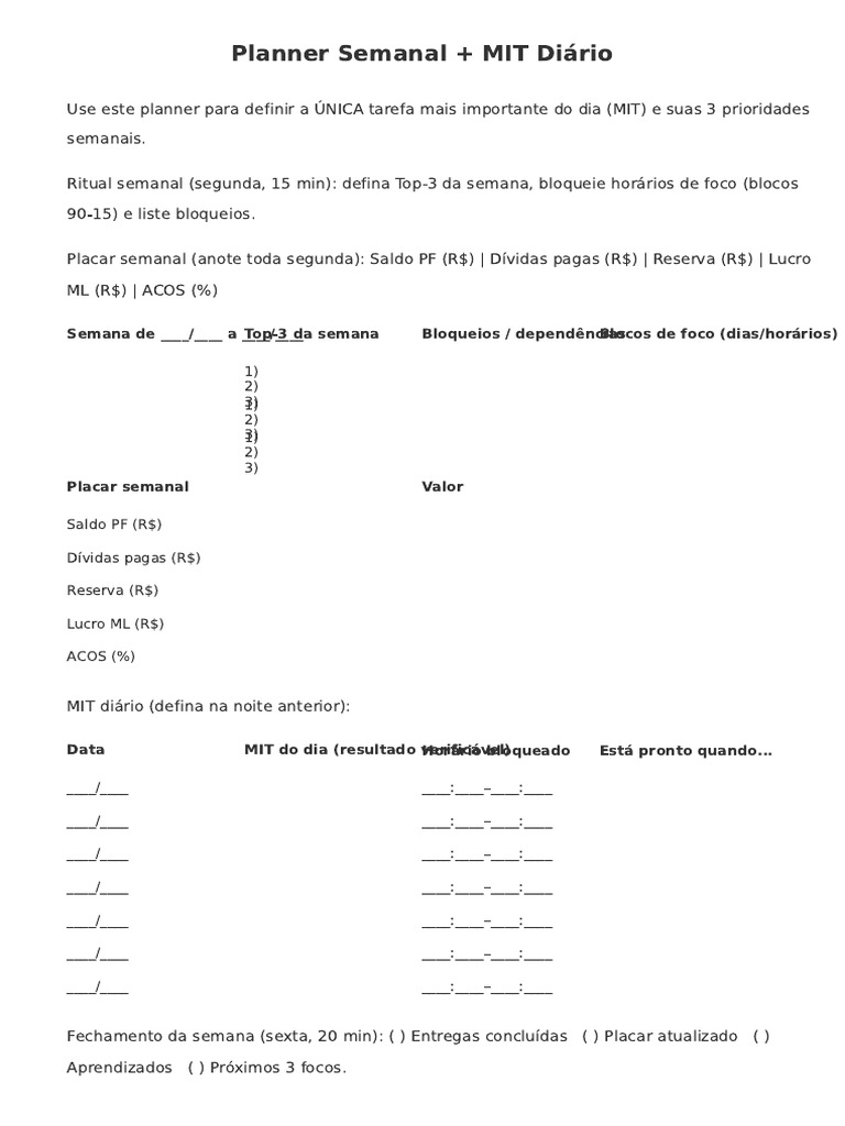Planner Semanal e MIT Diário Eficaz | PDF