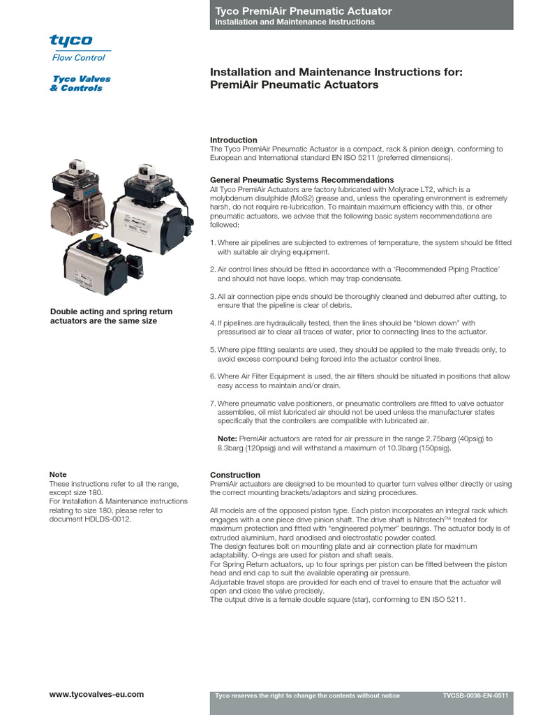 Tyco PremiAir Actuator Installation Guide | PDF | Valve | Actuator
