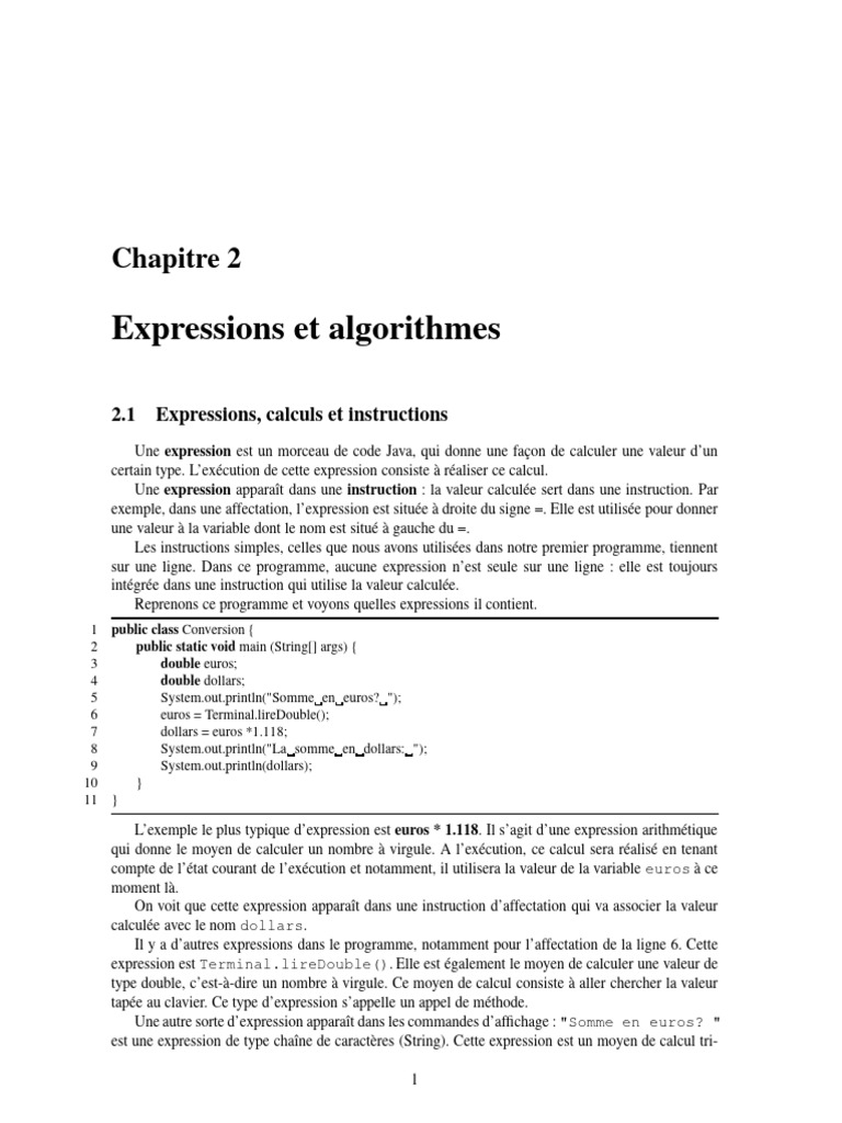 Expressions et algorithmes en Java | PDF | Java (Langage de ...
