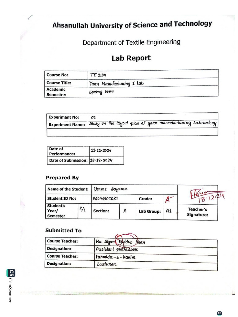 Yarn Manufacturing-I Lab (Reports) | PDF
