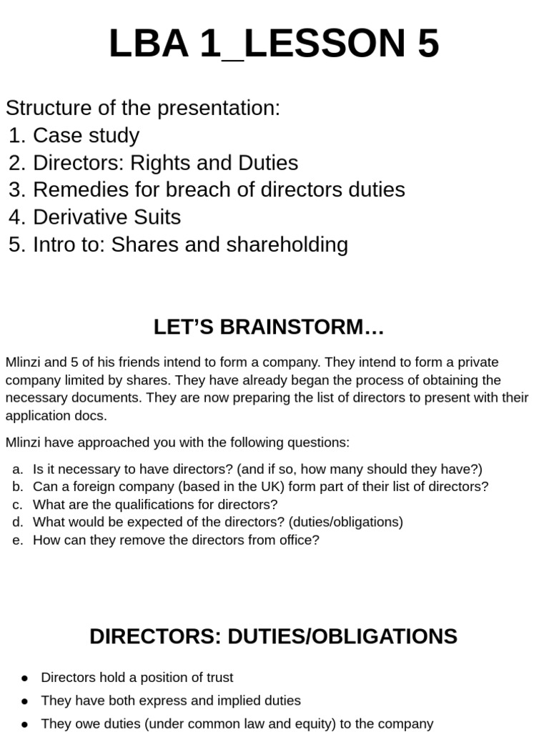 Directors' Duties and Derivative Suits Guide | PDF | Lawsuit | Conflict ...