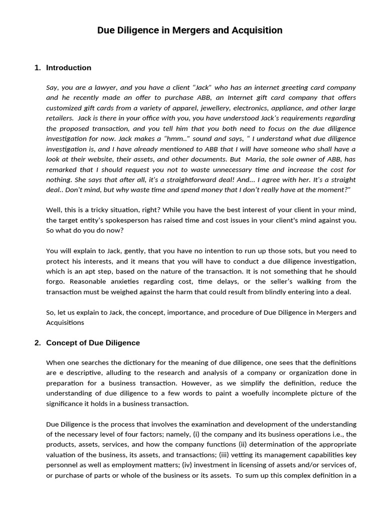 Due Diligence in M&A Transactions | PDF | Mergers And Acquisitions ...