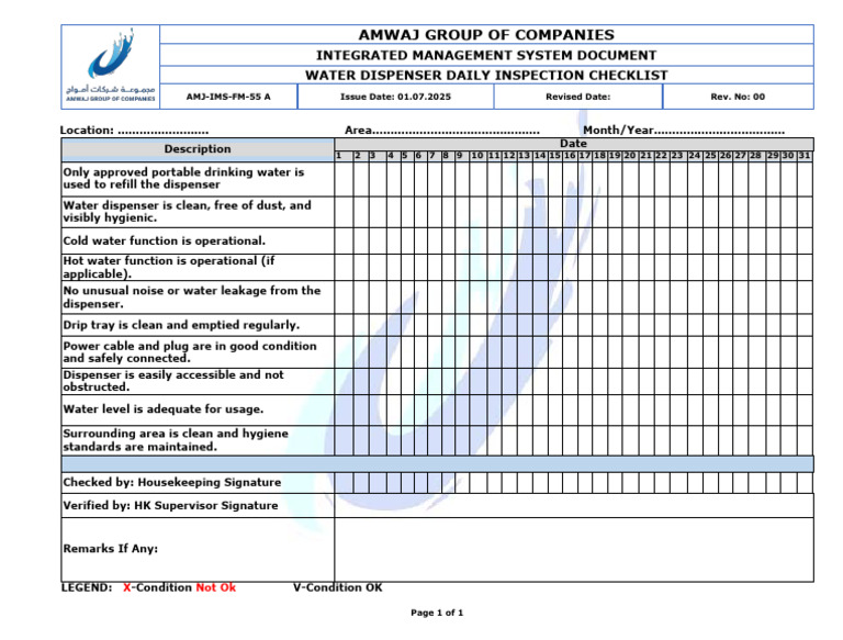 Water Dispenser Inspection Checklist | PDF