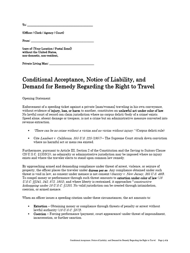 Right to Travel: Conditional Acceptance Notice | PDF | Title 18 Of The ...