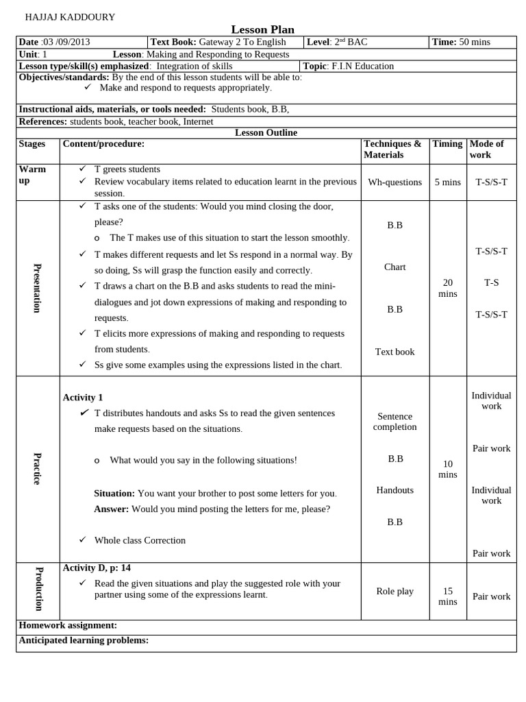 Lesson Plan: Making Requests in English | PDF | Human Communication ...