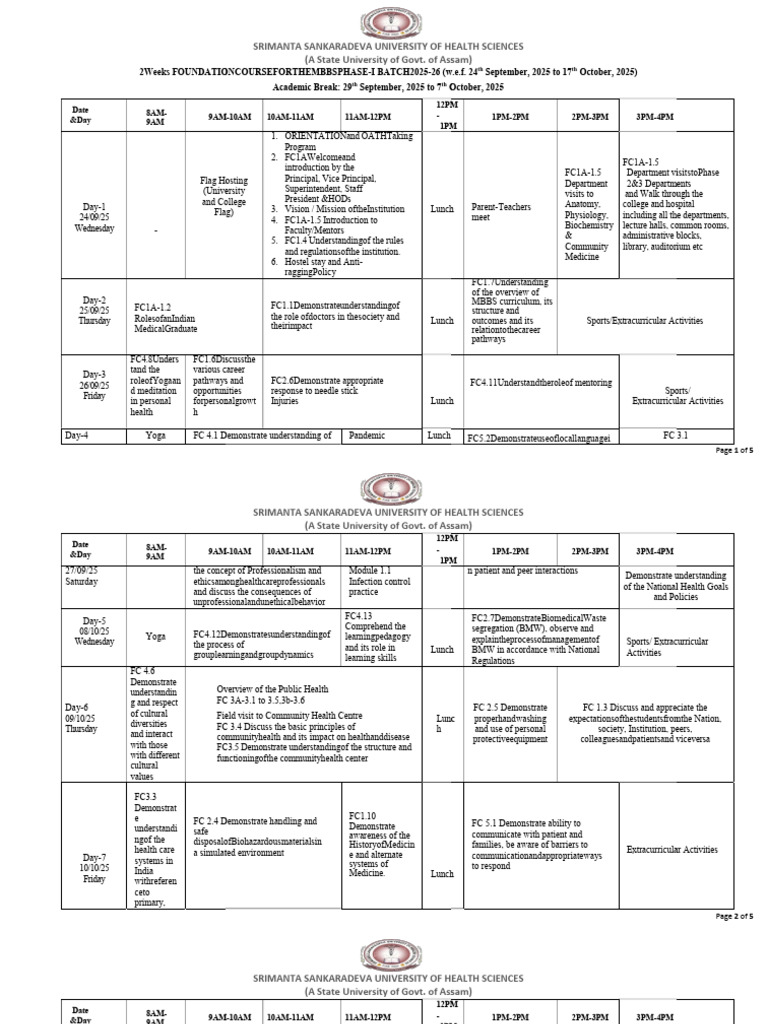 MBBS Foundation Course Schedule 2025 | PDF | Health Care