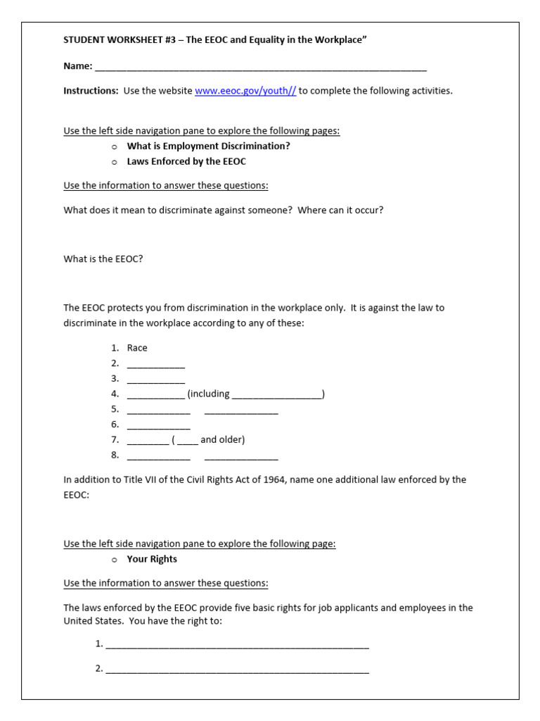 Student Worksheet The EEOC and Workplace Equality Ejercicios Con ...